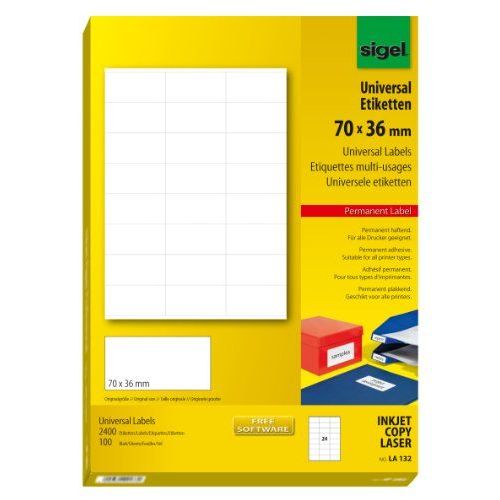 Sigel La132 Paquet De 100 Feuilles A4 Pour 2400 Étiquettes Universelles Pour Photocopieur Et Imprimante Laser Et Jet D'encre 70 X 36 Mm Blanc