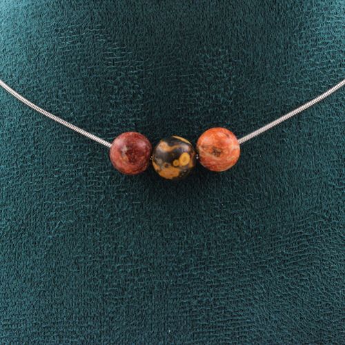 Collier 3 Perles Jaspe Léopard 8 Mm. Chaine En Acier Inoxydable Collier Femmes, Hommes. Taille Personnalisable.