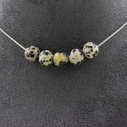 Collier 5 Perles Jaspe Dalmatien 8 Mm. Chaine En Acier Inoxydable Collier Femmes, Hommes. Taille Personnalisable.
