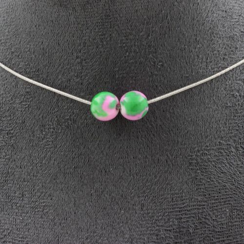 Collier 2 Perles Jaspe Rose Vert 8 Mm. Chaine En Acier Inoxydable Collier Femmes, Hommes. Taille Personnalisable.