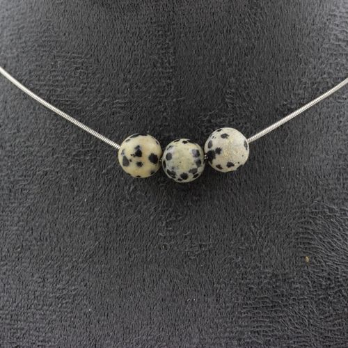 Collier 3 Perles Jaspe Dalmatien 8 Mm. Chaine En Acier Inoxydable Collier Femmes, Hommes. Taille Personnalisable.