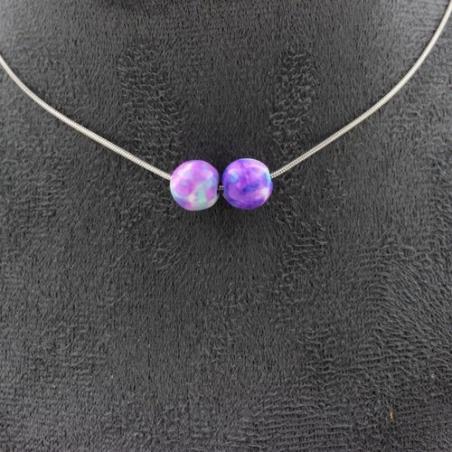 Collier 2 Perles Jaspe Violet Bleu 8 Mm. Chaine En Acier Inoxydable Collier Femmes, Hommes. Taille Personnalisable.