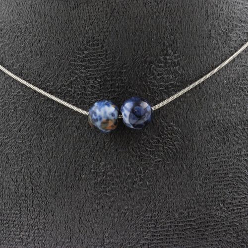 Collier 2 Perles Jaspe Bleu 8 Mm. Chaine En Acier Inoxydable Collier Femmes, Hommes. Taille Personnalisable.
