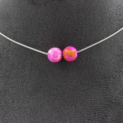 Collier 2 Perles Jaspe Rose Jaune 8 Mm. Chaine En Acier Inoxydable Collier Femmes, Hommes. Taille Personnalisable.