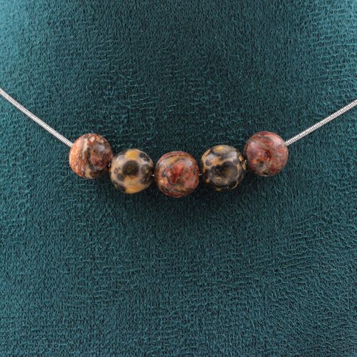 Collier 5 Perles Jaspe Léopard 8 Mm. Chaine En Acier Inoxydable Collier Femmes, Hommes. Taille Personnalisable.
