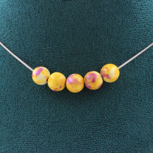 Collier 5 Perles Jaspe Jaune Violet 8 Mm. Chaine En Acier Inoxydable Collier Femmes, Hommes. Taille Personnalisable.