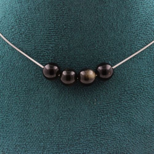 Collier 4 Perles Obsidienne Dorée 8 Mm. Chaine En Acier Inoxydable Collier Femmes, Hommes. Taille Personnalisable.