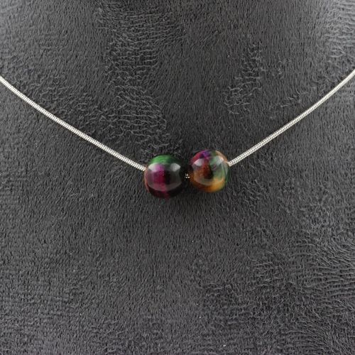 Collier 2 Perles Oeil De Tigre Fuschia Bicolore 8 Mm. Chaine En Acier Collier Femmes, Hommes. Taille Personnalisable.