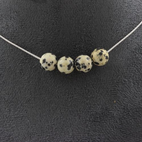 Collier 4 Perles Jaspe Dalmatien 8 Mm. Chaine En Acier Inoxydable Collier Femmes, Hommes. Taille Personnalisable.
