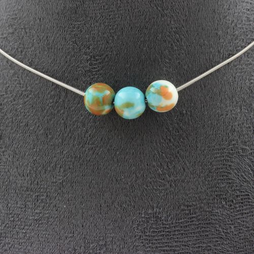 Collier 3 Perles Jaspe Bleu Orange 8 Mm. Chaine En Acier Inoxydable Collier Femmes, Hommes. Taille Personnalisable.
