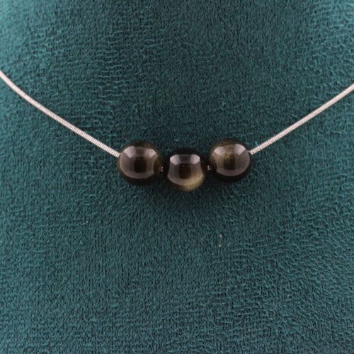 Collier 3 Perles Obsidienne Dorée 8 Mm. Chaine En Acier Inoxydable Collier Femmes, Hommes. Taille Personnalisable.