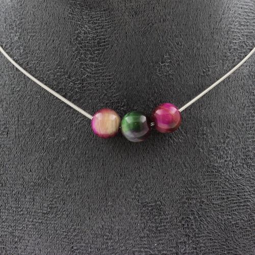 Collier 3 Perles Oeil De Tigre Fuschia Bicolore 8 Mm. Chaine En Acier Collier Femmes, Hommes. Taille Personnalisable.