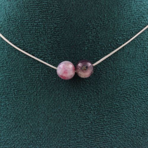 Collier 2 Perles Mica Violet De Tanzanie 8 Mm. Chaine En Acier Collier Femmes, Hommes. Taille Personnalisable.
