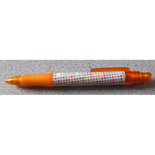 Stylo À Bille Publicitaire Fiducial - Corps Épais Décoré De Points Multicolore, Embouts Orange Et Inscription Entre Vous Et Nous