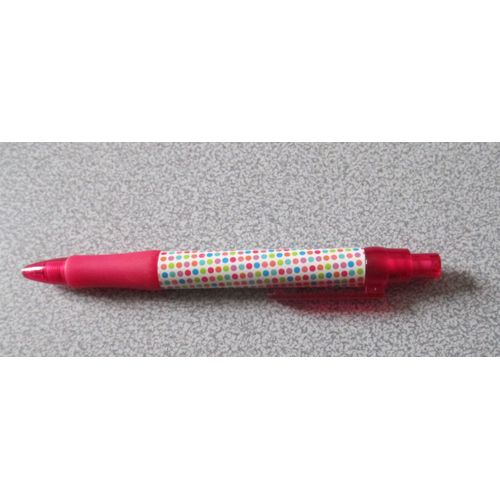 Stylo À Bille Publicitaire Fiducial - Corps Épais Décoré De Points Multicolores, Embouts Rouge Et Inscription Entre Vous Et Nous