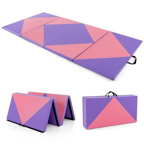 Costway Tapis De Gymnastique Pliable 240 X 117 X 5 Cm 4 Plis Housse Amovible En Cuir Pu Avec Attaches Auto-Agrippantes Rose+ Violet