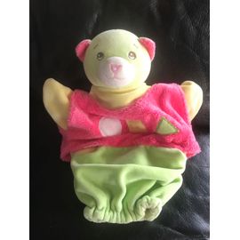 Doudou Plat Marionnette Chat Rose Vert Jaune Souris Nounours 22cm