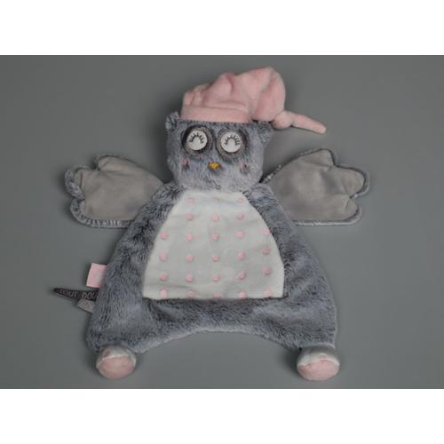 Doudou Chouette Hibou Plat Gris Blanc Rose Tape À L'oeil