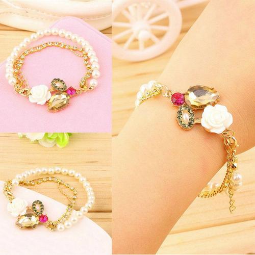 Bracelet Multirangs Princesse Perles De Culture Or Pierre Emeraude Fushia Rose Blanche Topaze Cristal Strass Reglable