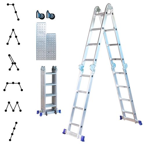 Echelle pliante articulée STAVALANCE 4x4 marches, echafaudage multifonction, ecarteur de mur, escabeau, 2 plaques plateforme de travail, Hostrom