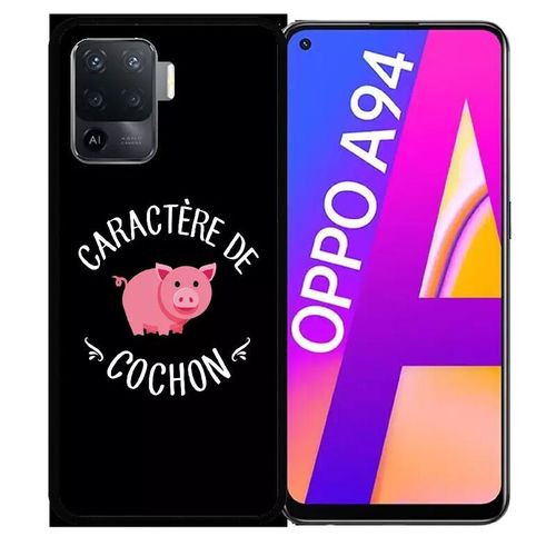 Coque Pour Oppo A94 - Caractere De Cochon Fond Noir - Silicone - Noir