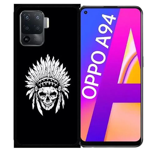 Coque Pour Oppo A94 - Tete De Mort Coiffe Indienne Noir Et Blanc - Silicone - Noir