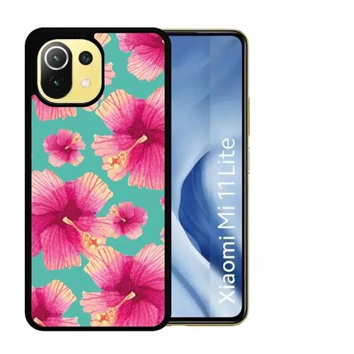 Coque Pour Xiaomi Mi 11 Lite - Hibiscus Fond Turquoise - Silicone - Noir