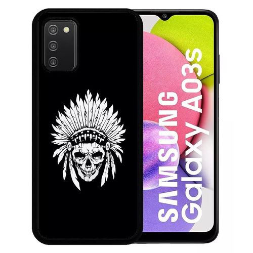 Coque Pour Galaxy A03s - Tete De Mort Coiffe Indienne Noir Et Blanc - Silicone - Noir
