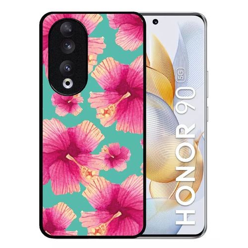 Coque Pour Honor 90 - Hibiscus Fond Turquoise - Silicone - Noir