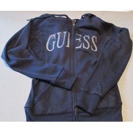 Blouson Léger À Capuche Guess, Modèle New Ella Zip - Taille S/36 - Inscription Guess Et Strass Argentés Sur La Poitrine - Marine Foncé - Polyester Et Viscose