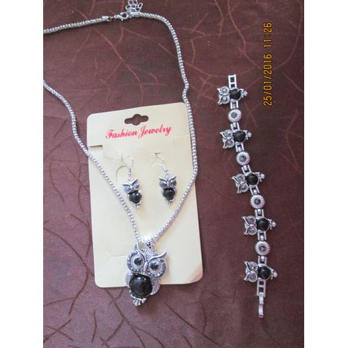 Parure  Bijoux Chouette Noir Collier Boucle Bracelet