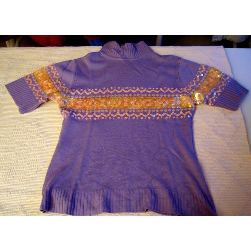 Pull Manoukian Lilas Avec Bande Rose Clair Style Norvégien Orné Sequins Rose Mat Et Transparant
