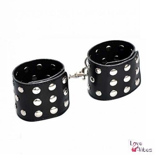 Menottes Poignets Cuir Noir Rivets