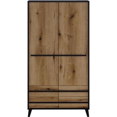 Armoire Heka 2 Portes + 4 Tiroirs - Décor Noir Et Chene - L100 X P50 X H180 Cm - Fabriqué En Espagne