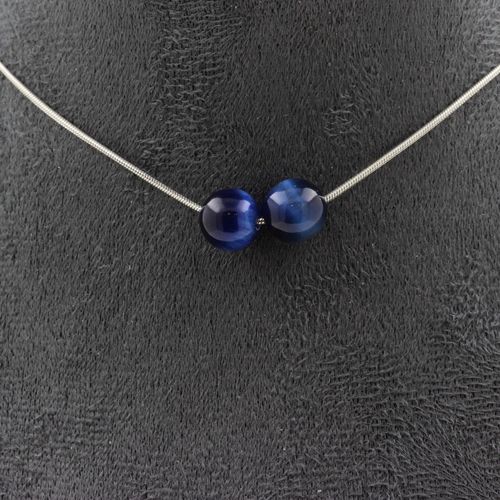 Collier 2 Perles Oeil De Tigre Bleu 8 Mm. Chaine En Acier Inoxydable Collier Femmes, Hommes. Taille Personnalisable.