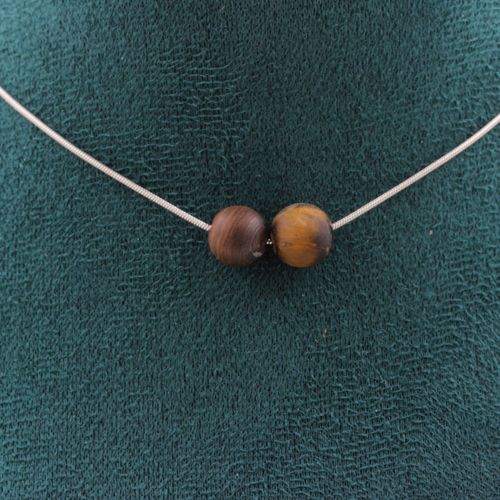 Collier 2 Perles Oeil De Tigre Mat 8 Mm. Chaine En Acier Inoxydable Collier Femmes, Hommes. Taille Personnalisable.