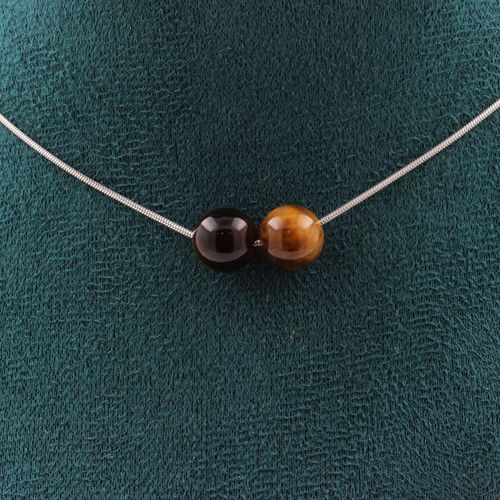 Collier 2 Perles Oeil De Tigre 8 Mm. Chaine En Acier Inoxydable Collier Femmes, Hommes. Taille Personnalisable.