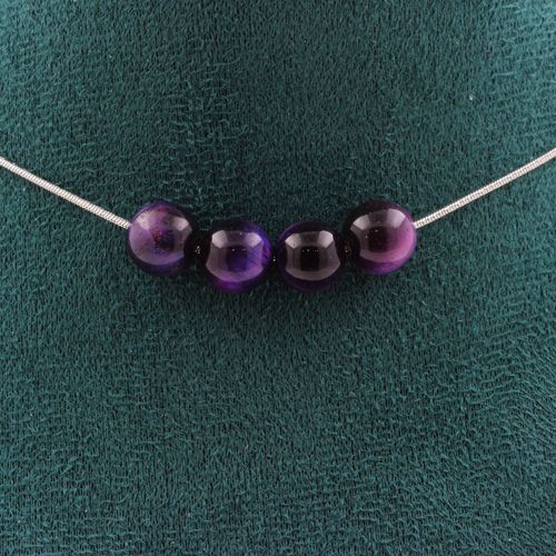 Collier 4 Perles Oeil De Tigre Violet 8 Mm. Chaine En Acier Inoxydable Collier Femmes, Hommes. Taille Personnalisable.