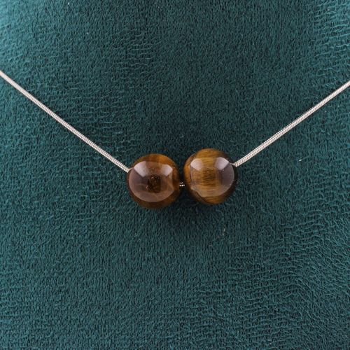 Collier 2 Perles Oeil De Tigre 10 Mm. Chaine En Acier Inoxydable Collier Femmes, Hommes. Taille Personnalisable.