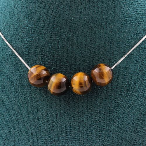 Collier 4 Perles Oeil De Tigre 10 Mm. Chaine En Acier Inoxydable Collier Femmes, Hommes. Taille Personnalisable.