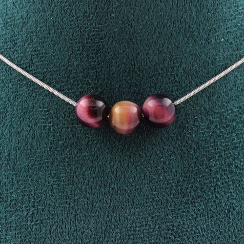 Collier 3 Perles Oeil De Tigre Violet Bicolore 8 Mm. Chaine En Acier Collier Femmes, Hommes. Taille Personnalisable.