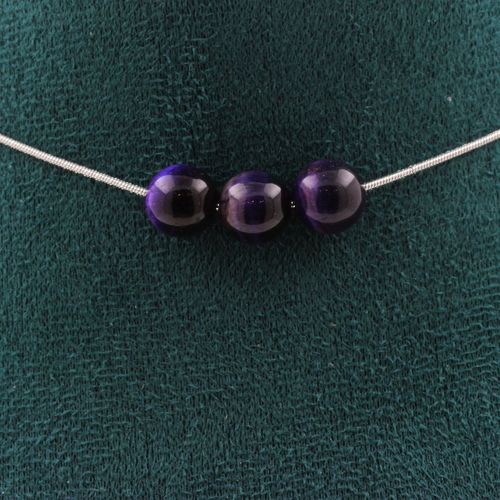 Collier 3 Perles Oeil De Tigre Violet 8 Mm. Chaine En Acier Inoxydable Collier Femmes, Hommes. Taille Personnalisable.