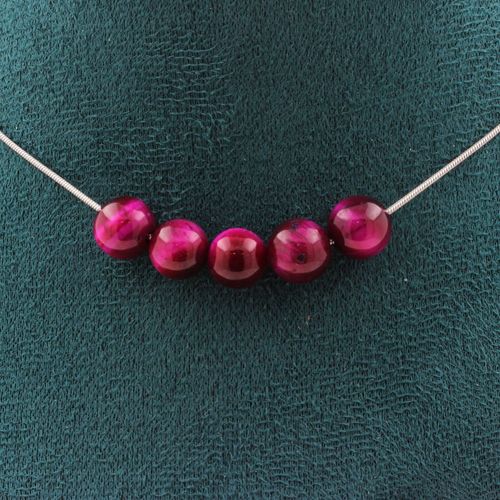 Collier 5 Perles Oeil De Tigre Fuschia 8 Mm. Chaine En Acier Collier Femmes, Hommes. Taille Personnalisable.