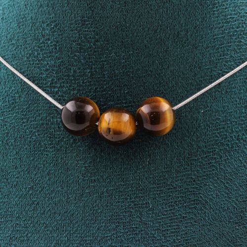 Collier 3 Perles Oeil De Tigre 10 Mm. Chaine En Acier Inoxydable Collier Femmes, Hommes. Taille Personnalisable.