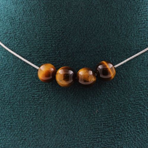 Collier 4 Perles Oeil De Tigre 8 Mm. Chaine En Acier Inoxydable Collier Femmes, Hommes. Taille Personnalisable.