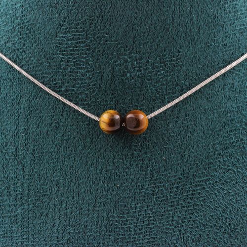 Collier 2 Perles Oeil De Tigre 6 Mm. Chaine En Acier Inoxydable Collier Femmes, Hommes. Taille Personnalisable.