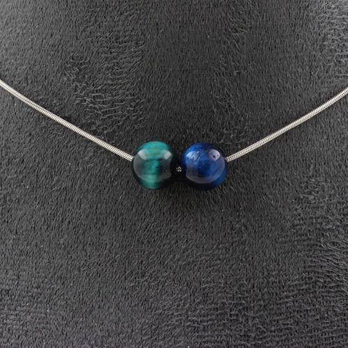 Collier 2 Perles Oeil De Tigre Bleu Clair 8 Mm. Chaine En Acier Collier Femmes, Hommes. Taille Personnalisable.