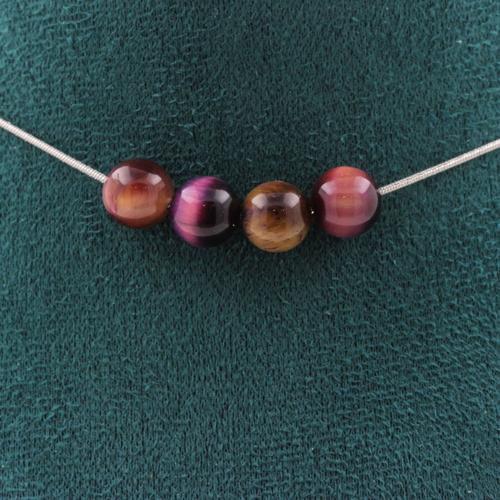Collier 4 Perles Oeil De Tigre Violet Bicolore 8 Mm. Chaine En Acier Collier Femmes, Hommes. Taille Personnalisable.