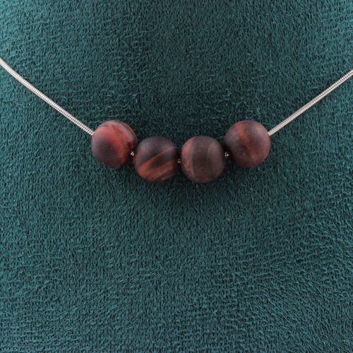 Collier 4 Perles Oeil De Tigre Rouge Mat 8 Mm. Chaine En Acier Collier Femmes, Hommes. Taille Personnalisable.