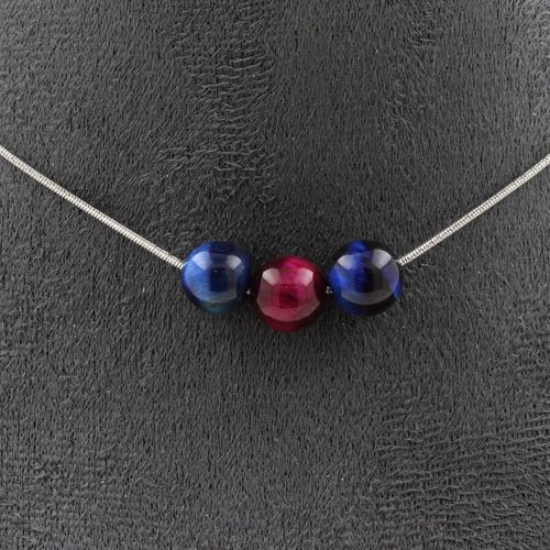 Collier 3 Perles Oeil De Tigre Multicolore 8 Mm. Chaine En Acier Collier Femmes, Hommes. Taille Personnalisable.